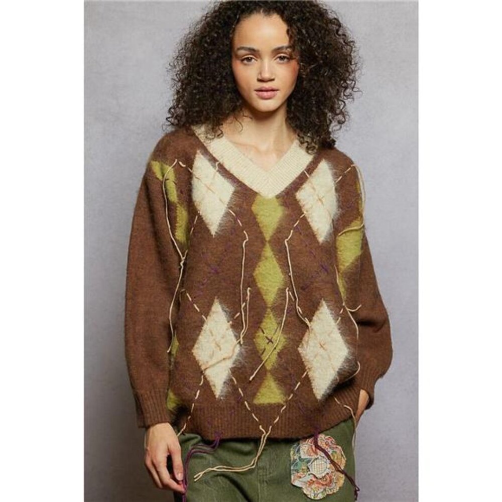 POL V-Neck Argyle Pattern Mohair Sweater with‎ Contrast Exposed Stitch Detail